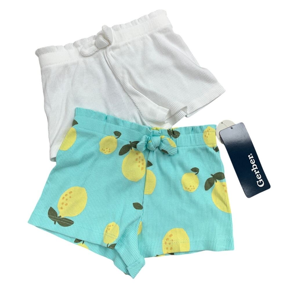 New Gerber 2-Pack Baby Girls Size 12 Months White Lemon Pull On Knit Shorts